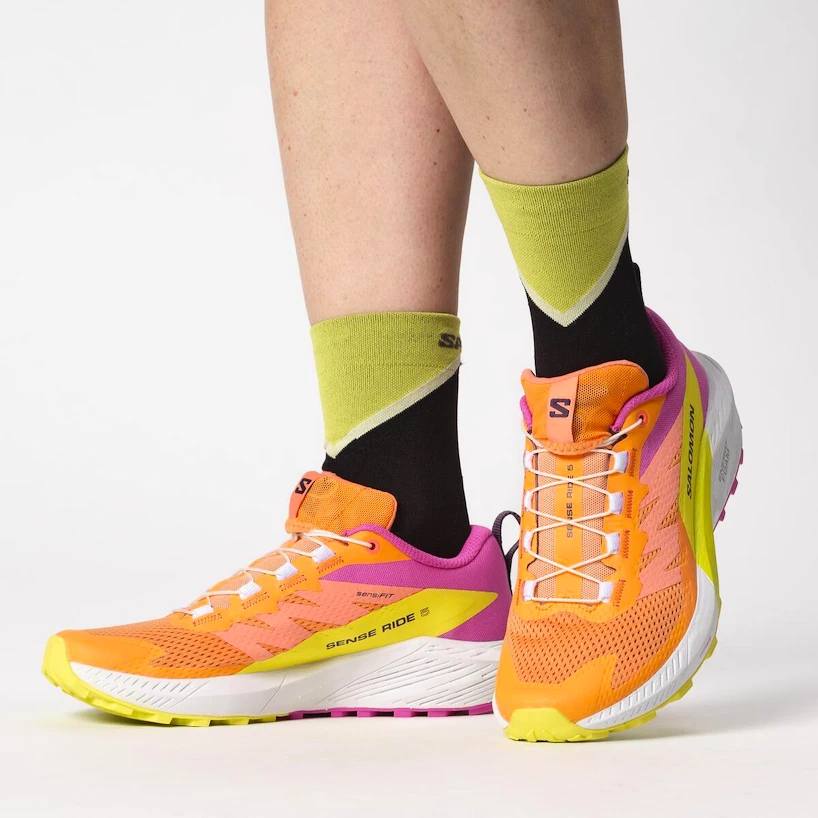 Dames hardloopschoenen Salomon Sense Ride 5 Bird Of Paradise / White / Sulphur Spring