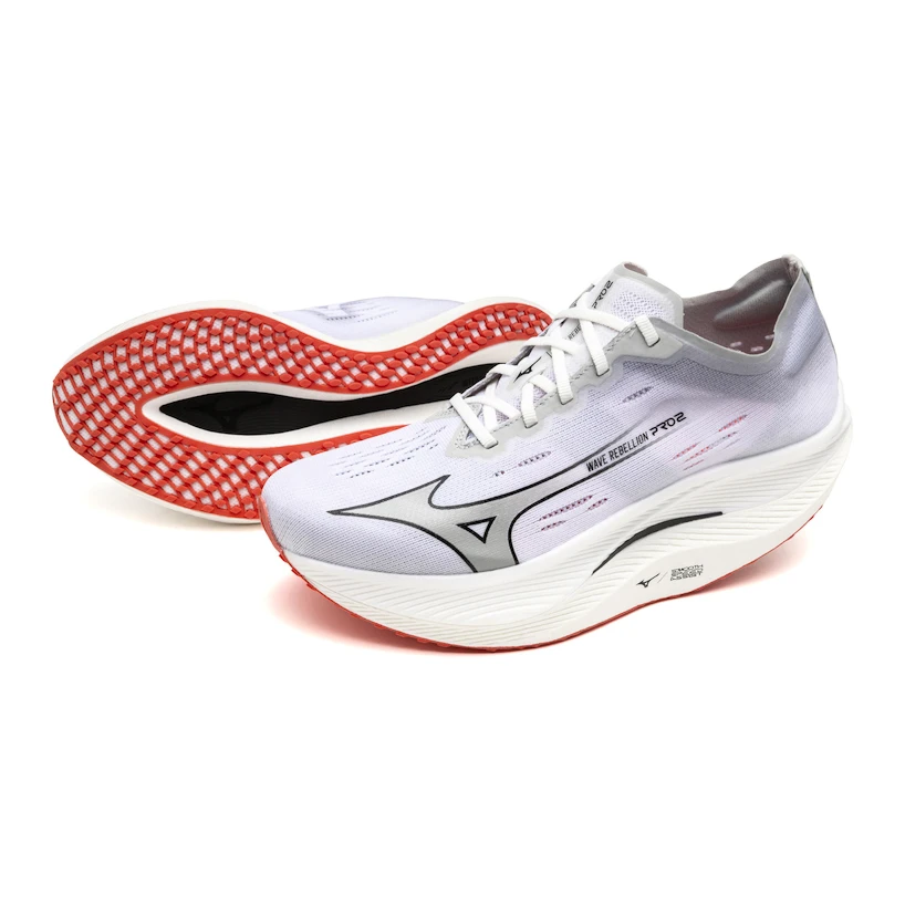 Heren hardloopschoenen Mizuno Wave Rebellion Pro 2 White/Harbor Mist/Cayenne  UK 6