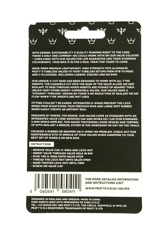 Tubeless ventiel PEATY'S  X chris king (mk2) black tubeless valves 42mm (ptv2-42-blk-12)